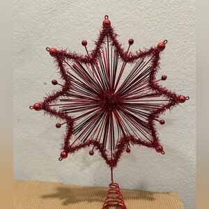 Antique Rare Red tinsel star sequence beaded ornament axis tree metal bendable